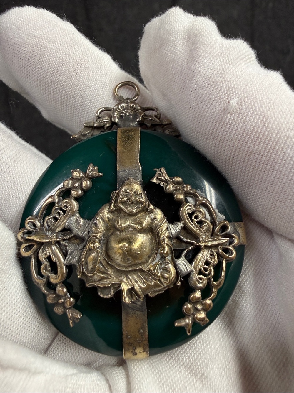 Antique, vintage, Green Jade-Style Buddha Brooch with Silver-Toned Accents - Picture 11 of 11